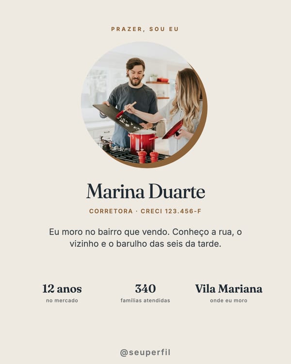 Post de apresentação da corretora com foto, CRECI e anos de experiência